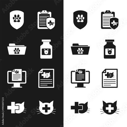 Set Dog medicine bottle, Medical veterinary record folder, Animal health insurance, Clinical pet, on monitor and certificate for dog cat icon. Vector