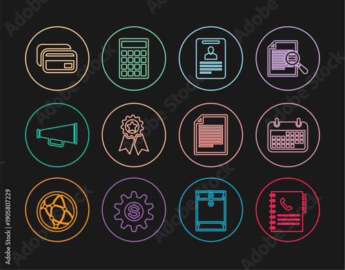 Set line Phone book, Calendar, Identification badge, Medal with star, Megaphone, Credit card, Document and Calculator icon. Vector