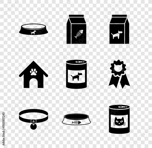 Set Pet food bowl, Bag of for cat, dog, Collar, and Canned icon. Vector