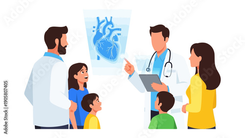 Doctor Explaining Heart Health: A compassionate doctor communicates with a family, explaining heart health using a visual representation.