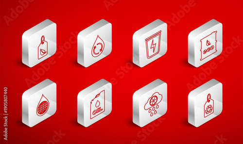 Set line Tag with recycle, Recycle clean aqua, Lightning trash can, Bio fuel barrel, Acid rain and radioactive cloud, leaf, Canister machine oil and Earth planet water drop icon. Vector