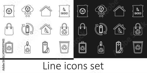 Set line Recycle bin with recycle, Shopping bag, House, Battery, Radioactive waste barrel, Eco friendly house and Acid rain and radioactive cloud icon. Vector