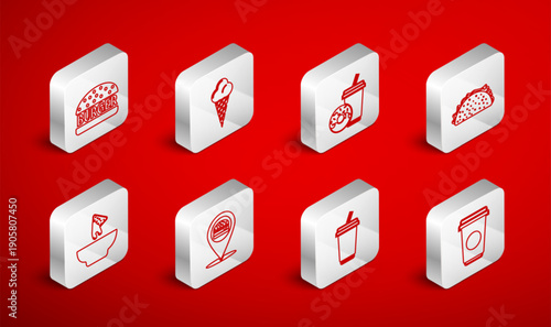 Set line Coffee cup, Ice cream in waffle cone, Soda drink with donut, Taco tortilla, Glass water, Burger, Location burger and Nachos plate icon. Vector