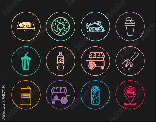 Set line Location with burger, Pizza knife, Taco tortilla, Bottle of water, Glass, in cardboard box, Fast street food cart and Donut icon. Vector