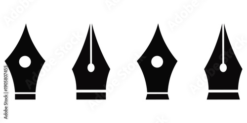 Fountain Pen Nib Icon Set – Calligraphy Writing Tool Silhouettes, Pen Tip Logos and Drawing Clipart Vector
 Collection Isolated on White