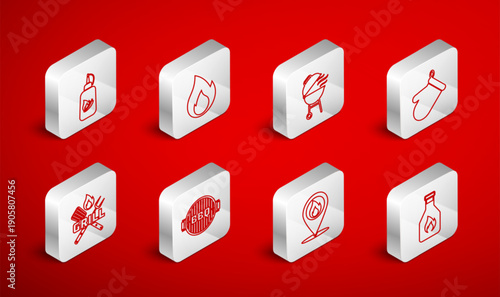 Set line Ketchup bottle, Fire flame, Barbecue grill, Oven glove, Location with fire, and Crossed fork and spatula icon. Vector