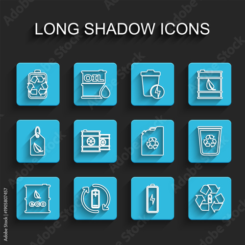 Set line Bio fuel barrel, Battery with recycle, Radioactive waste in, Recycle bin and Eco canister icon. Vector