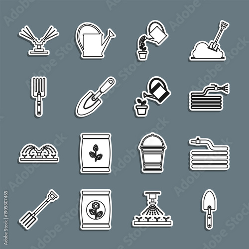 Set line Garden trowel spade or shovel, hose fire hose, Watering can, fork, Automatic irrigation sprinklers and icon. Vector
