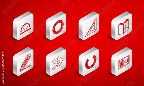 Set line Audio book, Laurel wreath, Triangular ruler, Protractor grid, Arrow and Pencil and line icon. Vector