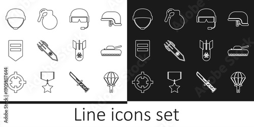 Set line Parachute, Military tank, helmet, Biohazard rocket, Chevron, bomb and Hand grenade icon. Vector