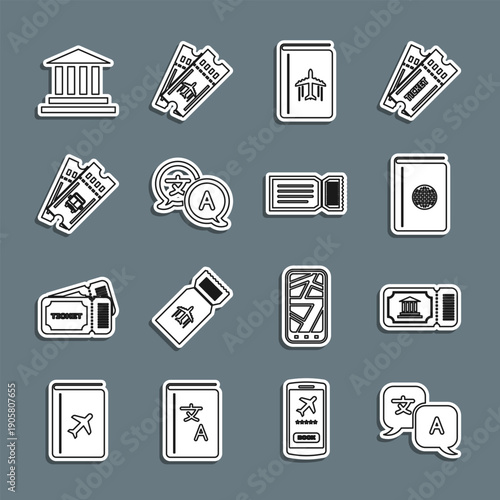 Set line Translator, Museum ticket, Cover book travel guide, Bus, building and Ticket icon. Vector