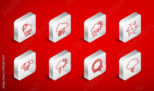 Set line Storm, Cloud with snow and lightning, Cloudy rain sun, Tornado, Wind, snow, rain,, and icon. Vector
