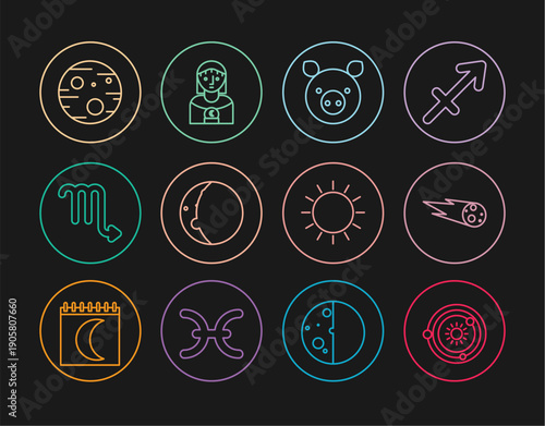 Set line Solar system, Comet falling down fast, Pig zodiac, Eclipse of the sun, Scorpio, Planet Mars, Sun and Astrology woman icon. Vector