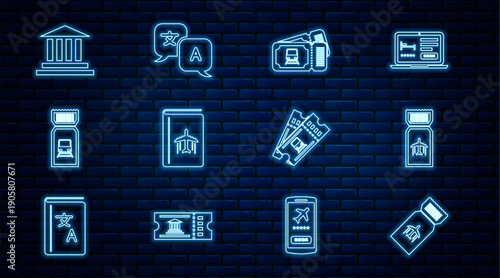 Set line Airline ticket, Train, Cover book travel guide, Museum building, and Translator icon. Vector