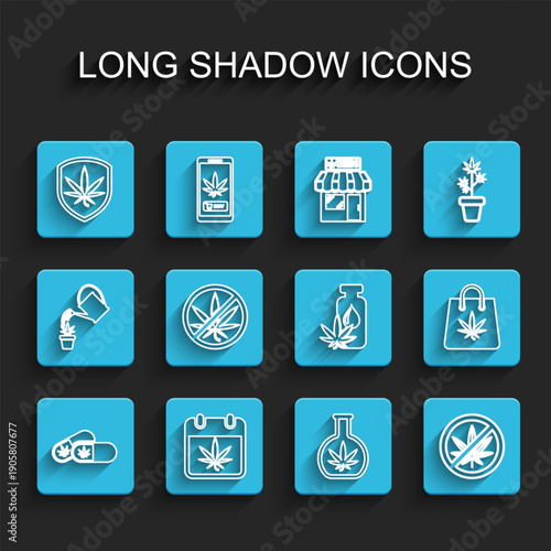 Set line Medical pills with marijuana, Calendar and, Shield, Test tube, Stop, Shopping bag of and Marijuana or cannabis leaf oil icon. Vector