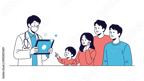 Medical Consultation: A dedicated doctor engages in a thorough consultation with a happy family, providing guidance and support for their health and well-being.