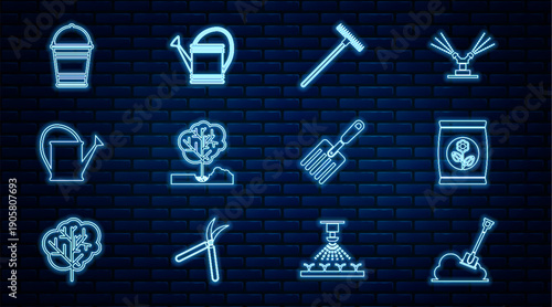 Set line Shovel in the ground, Fertilizer bag, Garden rake, Planting tree, Watering can, Bucket, fork and icon. Vector