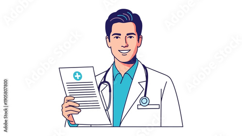 Smiling Healthcare Professional: An illustration of a friendly physician, radiating competence, holding a medical document, representing healthcare and compassion.