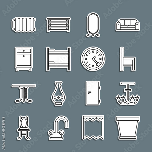 Set line Flower pot, Chandelier, Chair, Big full length mirror, Bunk bed, Furniture nightstand, Heating radiator and Clock icon. Vector