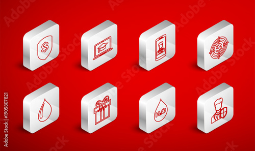 Set line User protection, Graduation cap laptop, Smartphone with contact, Target dollar, Water drop H2O, Shield and, Gift box and icon. Vector