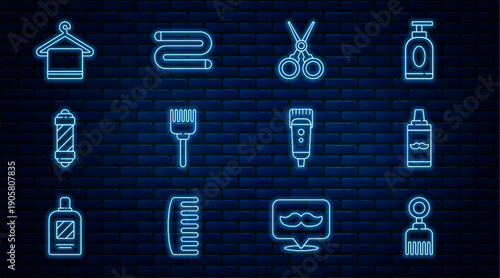 Set line Hairbrush, Shaving gel foam, Scissors hairdresser, Classic Barber shop pole, Towel on hanger, Electrical clipper shaver and icon. Vector
