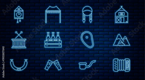 Set line Accordion, Mountains, Braid, Pack of beer bottles, Musical drum and sticks, Retro wall watch, Steak meat and Camping tent icon. Vector