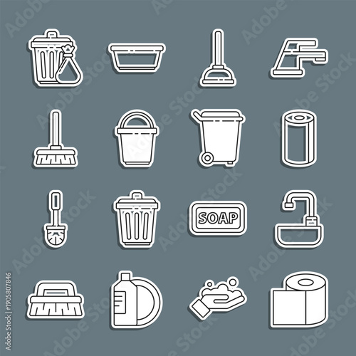 Set line Toilet paper roll, Washbasin with water tap, Paper towel, Rubber plunger, Bucket, Handle broom, Trash can garbage bag and icon. Vector