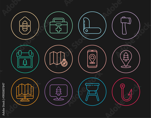 Set line Fishing hook, Location of the forest, Swiss army knife, map, Calendar with tree, Rafting boat, City navigation and First aid kit icon. Vector