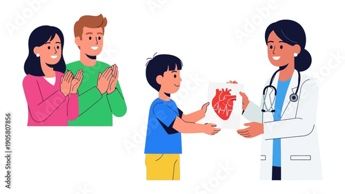 Healthy Heart: A doctor shares a heart diagram with a boy, while his parents applaud in the background, symbolizing health education and support.