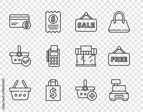 Set line Shopping basket, Cash register machine, Hanging sign with Sale, Shoping bag and dollar, Credit card, POS terminal credit, Add to and Price tag text Free icon. Vector