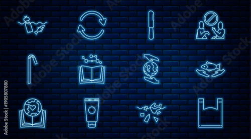 Set line Plastic bag, Fish care, Disposable plastic knife, Open book, Drinking straw, Problem pollution of the ocean, Hands holding Earth globe and Refresh icon. Vector