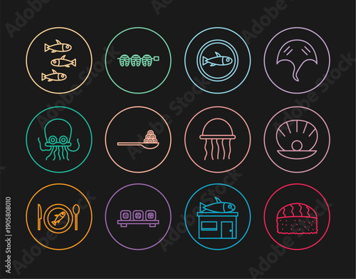Set line Sushi, Shell with pearl, Served fish on plate, Caviar spoon, Octopus, Fishes, Jellyfish and Grilled steak icon. Vector