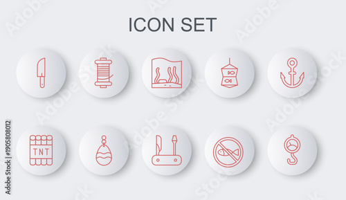 Set line Spring scale, Detonate dynamite bomb stick, Aquarium, No fishing, Knife, Spinning reel for, Fishing spoon and Swiss army knife icon. Vector