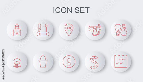 Set line Aquarium, Fishing net with fish, Location fishing, Worm, Fisherman, Swiss army knife, bucket and hook icon. Vector