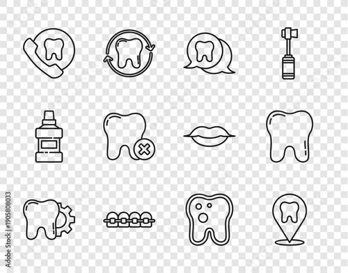 Set line Tooth treatment procedure, Dental clinic location, Teeth with braces, Online dental care, caries, and icon. Vector