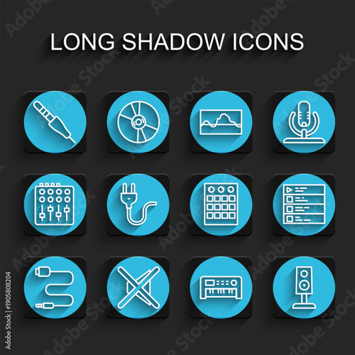 Set line Audio jack, Speaker mute, Music synthesizer, Stereo speaker, Electric plug, playlist and Drum machine icon. Vector