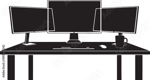 Minimalist black silhouette of a modern desk with three curved monitors, central larger screen, keyboard, mouse, and coffee mug, symbolizing multitasking, productivity, and ergonomic workspace design.
