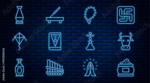 Set line Indian spice, Cow, Rosary beads religion, constitution day, Kite, vase, Hookah and Scented spa stick icon. Vector