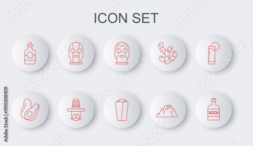 Set line Tequila bottle, Avocado fruit, Mexican wrestler, Volcano eruption with lava, man sombrero and Burrito icon. Vector