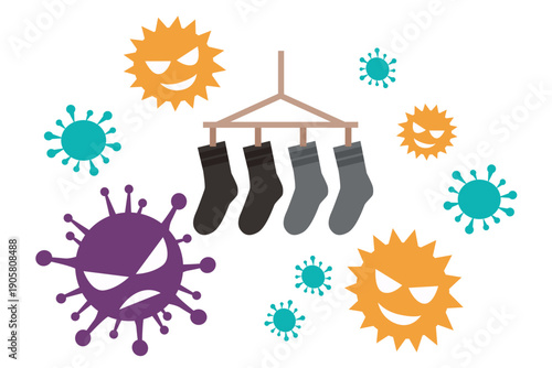 花粉やアレルゲンが付着した靴下のイラスト｜杉花粉シーズンと洗濯物の環境リスク