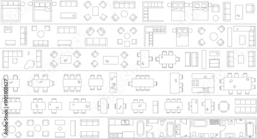 Collection of architectural and furniture line drawings isolated on transparent background