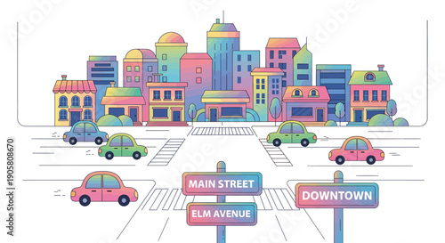 Colorful Cartoon Urban Landscape with Vehicles and Street Signs for City Exploration