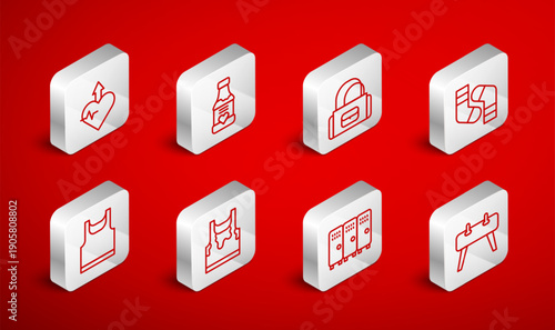 Set line Pommel horse, Vitamins, Sport bag, Socks, Locker changing room, Heartbeat increase, Sweaty sleeveless t-shirt and Sleeveless icon. Vector