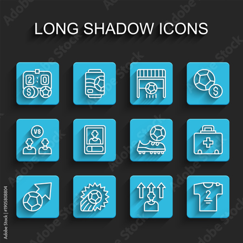 Set line Soccer football ball, Football betting money, or soccer player, jersey and t-shirt, card, First aid kit and shoes icon. Vector