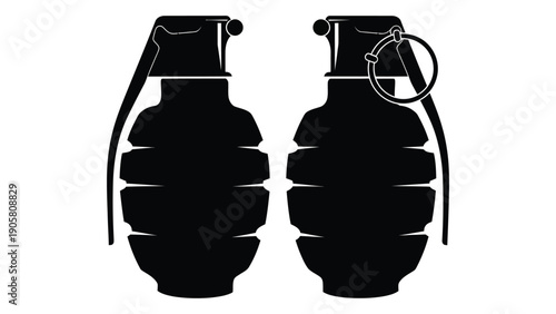 Two black grenades with pins depicted in a simple line drawing style Vector