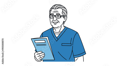 Thoughtful Consultation: A distinguished elder, adorned in a medical professional uniform, attentively reviews paperwork, radiating a sense of competence and dedication in a modern setting.