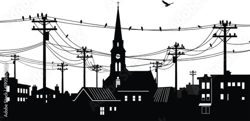 Townscape silhouette, church steeple vector, urban infrastructure design, birds on power lines artwork, city skyline illustration, flat vector icon, wildlife interaction