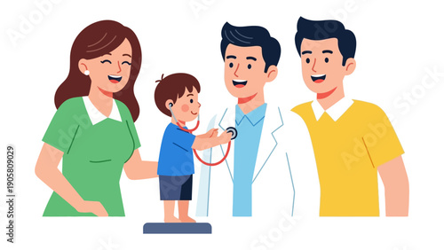 Checkup Harmony: A cheerful scene unfolds as a dedicated pediatrician examines a young child, the child's smiling parents offering supportive presence, highlighting care and trust.