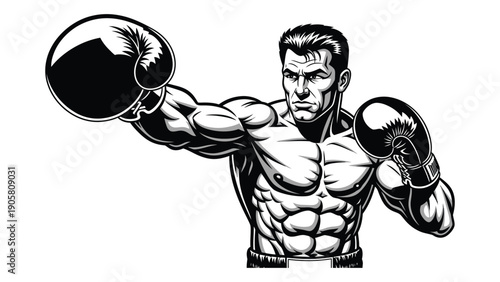 A muscular man in boxing stance, holding a boxing glove, black and white illustration. Vector