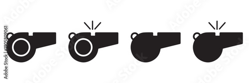 Black Whistle Icon Vector Set – Referee and Coach Signal Whistle Silhouette in Black and White, Sport Sound
 Alert Symbol Illustration Isolated on White Background